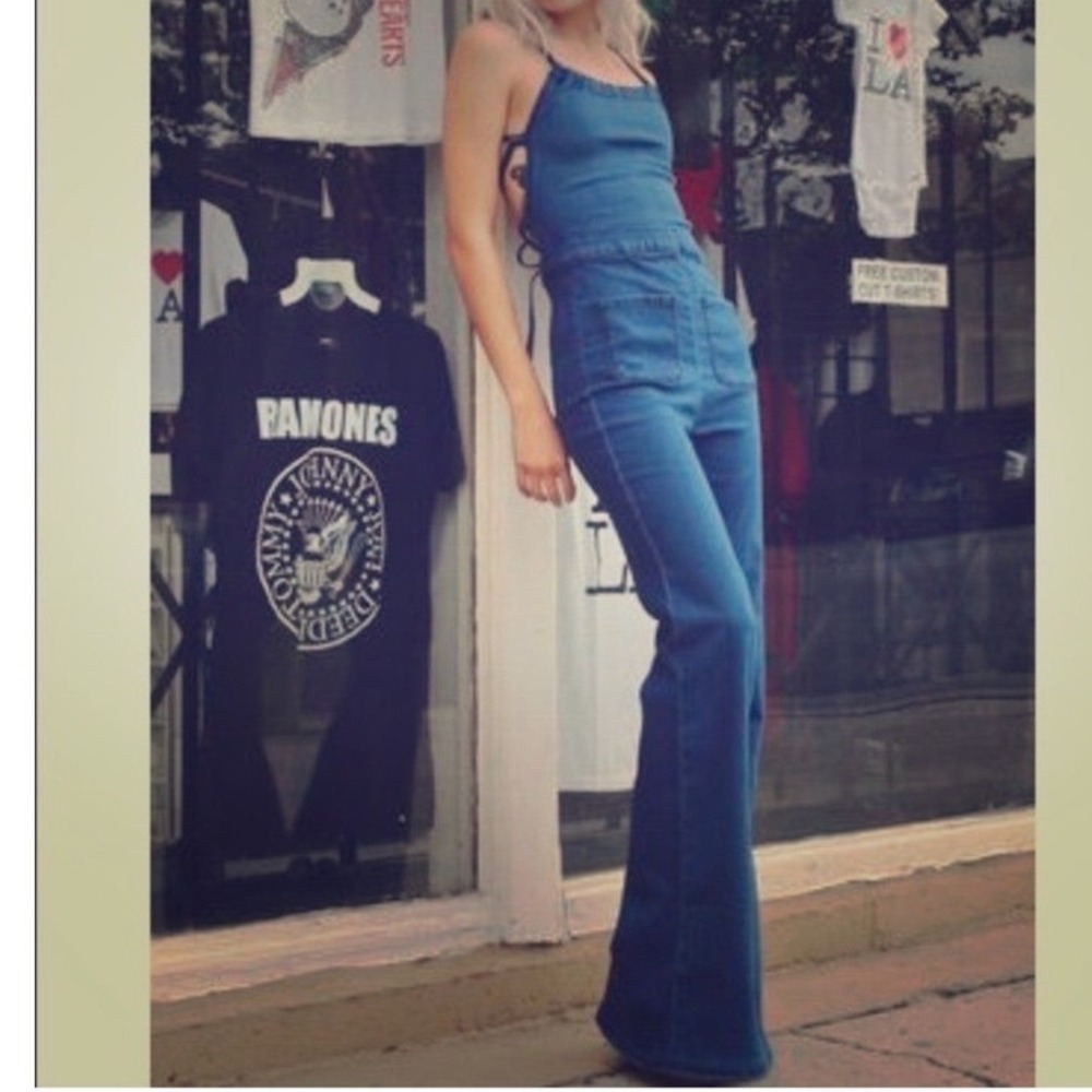 PYLO Women Dark Wash Denim Lace Up Back Flare Leg Jumpsuit Size M Made in USA